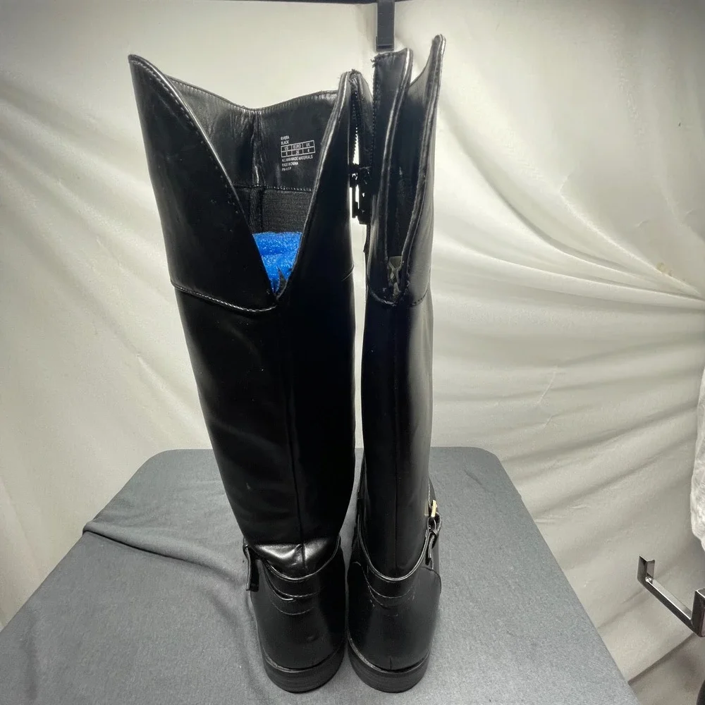 Michael Kors Women Riding Boot Black Faux Leather 5 Rivera Gold Hardware